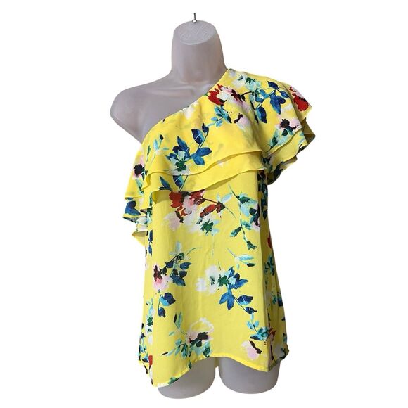 Rose & Olive Yellow Floral Ruffled Shoulder Blouse Sz Small Dopamine Colorful - Picture 6 of 8